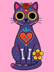Cute Day of the Dead Cat Illustration – Colorful Sugar Skull Style Kitty on Pink Background
