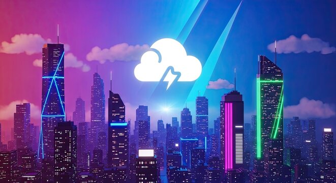 Modern Cityscape Illuminated by Neon Lights Under a Futuristic Sky