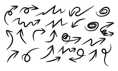 Set of hand drawn black arrows isolated on for design use