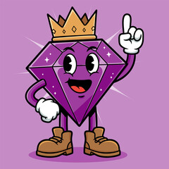 Cute Purple Gem Mascot with Crown – Cartoon Diamond Character Illustration