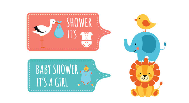 Collection of cute baby shower design elements, including announcement bubbles for a boy and girl, and a stack of cartoon animals.