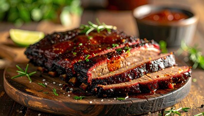 Deliciously Smoked Beef Brisket Glazed With Barbecue Sauce Garnished With Rosemary And Lime Slice Served On Wooden Board With Bowl Of Sauce On Side With Blurred Greenery Background In Natural Light