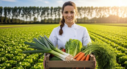 Chef holding box of fresh vegetables grown in organic farm field