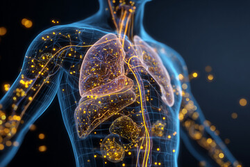 3D Rendering of Human Respiratory System and Torso with Glowing Nerves