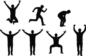 Collection of vector black silhouettes of men in various active poses, including running, jumping, and celebrating success, isolated on white background.