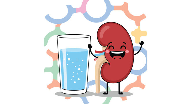 Happy and healthy cartoon kidney character standing next to a glass of water, promoting hydration for organ health and wellness.
