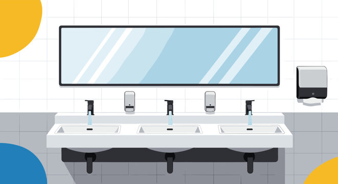 Front view of a modern public restroom or bathroom with a row of three white sinks, faucets, and a large mirror.