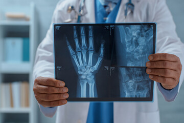 Doctor Holding and Examining Hand X-Ray in Hospital Setting