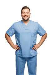 Obraz premium A cheerful male medical professional wearing light blue scrubs stands confidently with hands on hips against a dark backdrop