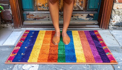 Colorful Rainbow Striped Doormat Welcomes Visitors to Rustic Distressed Teal Doorway on Stone Steps