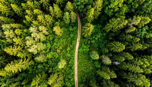 Aerial photograph of lush green coniferous forest with a dirt path winding through its center. The path is visible from above