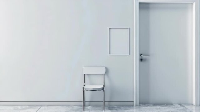 Minimalist white room with chair, door, and framed art