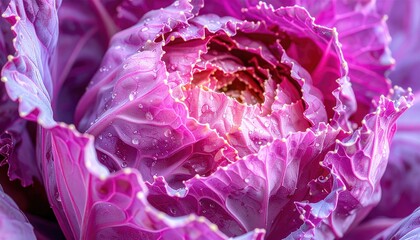 Close up of a vibrant purple ornamental cabbage with dew drops glistening on its ruffled leaves in soft natural light