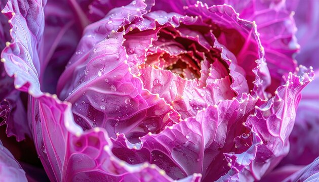 Close up of a vibrant purple ornamental cabbage with dew drops glistening on its ruffled leaves in soft natural light - Powered by Adobe