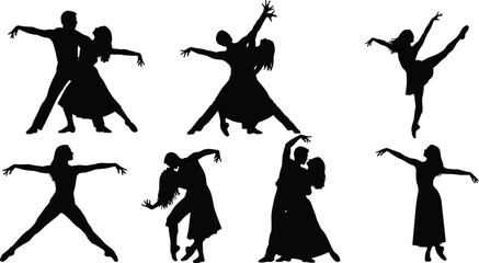 Dancing couple and ballerina silhouette vector collection, elegant ballroom dancers set, artistic ballet poses isolated on white background for studio design.