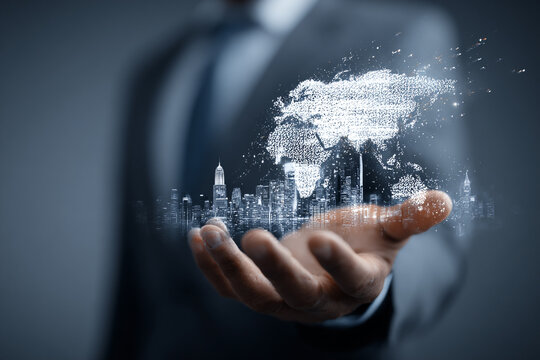 Businessman Holding a Glowing Digital World Map and City Skyline - Powered by Adobe
