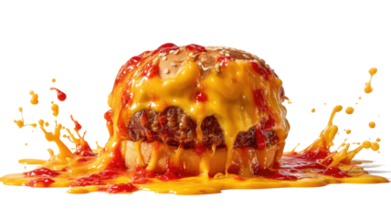Ketchup and melted cheese splashing dynamically while flowing from a juicy cheeseburger creating appetizing textures isolated on white background