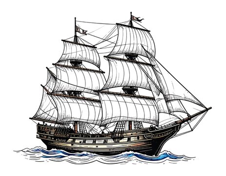 Black and white vintage illustration of a three-masted sailing ship on water - Powered by Adobe