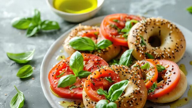 Sesame seed bagels topped with fresh tomatoes, basil, and oil
