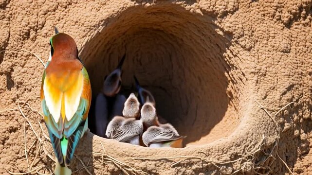 Due gruccioni stanno dando da mangiare ai loro piccoli pulcini nel nido