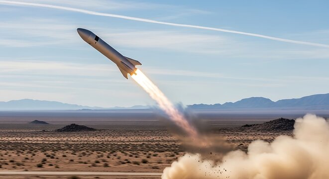 Futuristic spacecraft ascends from a desert launchpad, symbolizing the future of aerospace innovation and space travel