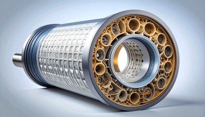Detailed cross section of a futuristic cylindrical metallic component with intricate internal structures and golden accents against a gradient grey background with soft studio lighting