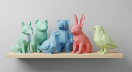 Colorful low-poly animal sculptures on wooden shelf