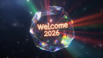 A dazzling crystal gem welcomes the year 2026 with radiant light beams in space.