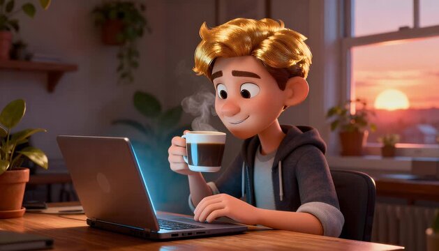 Animated character enjoys coffee while working on a laptop computer