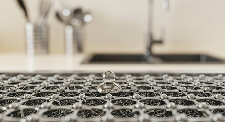 Close-up of a metallic mesh with a single, clear, droplet-like object in sharp focus. Background shows a blurred kitchen sink and utensils. Soft, neutral tones