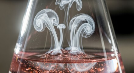 A close-up showcases a clear, conical flask containing a reddish liquid. Wisps of white smoke curl upwards inside, creating an ethereal, abstract composition. The laboratory setting is suggested