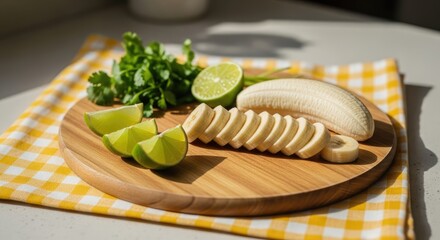 A vibrant still life features a wooden board holding sliced banana, lime wedges, fresh cilantro against a yellow checkered background. Natural light illuminates ingredients, suggesting a healthy snack