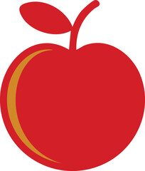 A vibrant red apple with a golden crescent-shaped highlight, a leaf, and a stem.