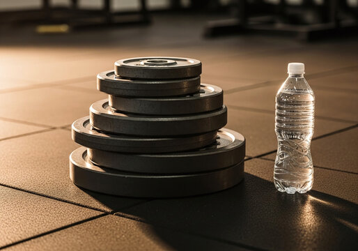 Stack of weight plates and water bottle resting on gym floor during workout