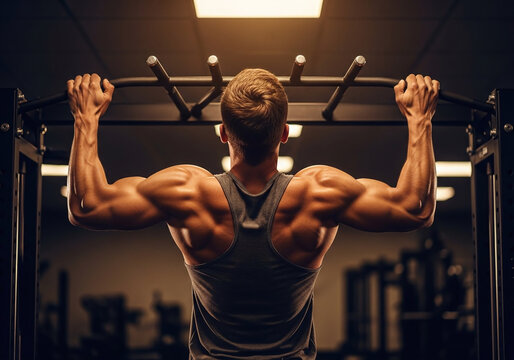 Back view of strong bodybuilder training hard doing pullups in gymnasium