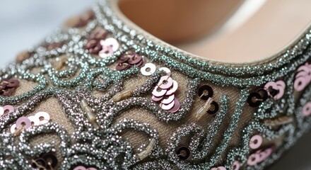 Obraz premium Close-up of a decorated shoe's toe, showcasing intricate embroidery, sequins, and sparkling details on a light beige fabric. The focus highlights the craftsmanship