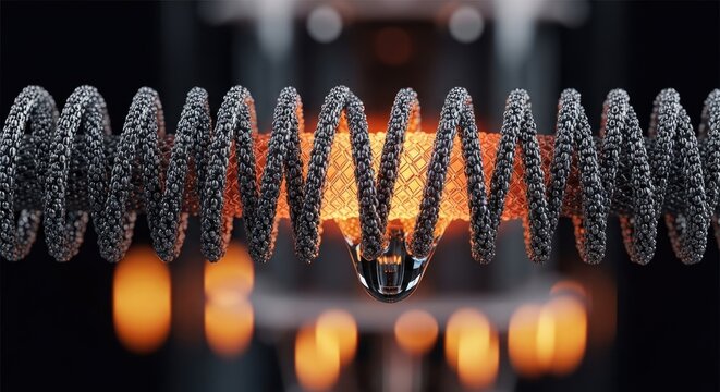 Close-up of a heated metallic coil with a water droplet forming at the bottom. Glowing core and bokeh lighting enhance the abstract, technical design