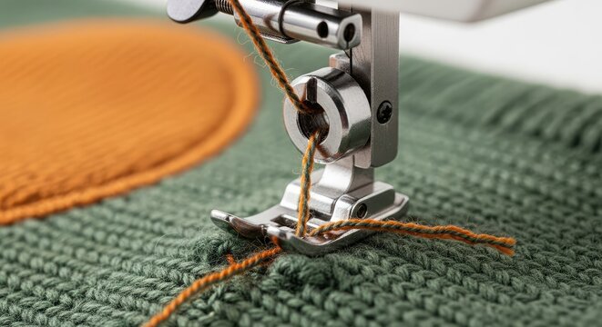 Close-up of a sewing machine needle stitching vibrant thread onto a knitted fabric patch. The machine?s metal foot presses down, securing the colorful detail. Fabric is green and orange
