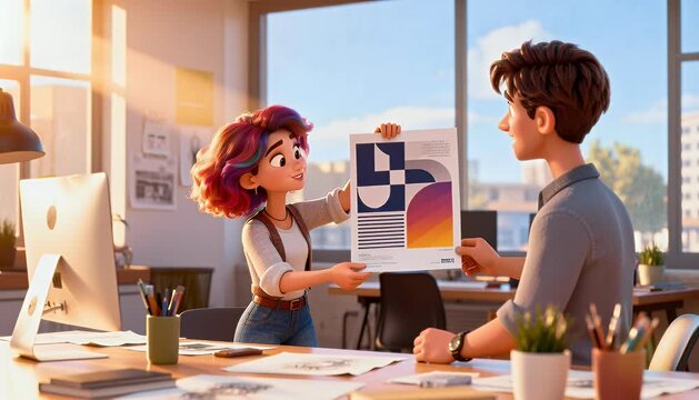 Animated characters presenting graphic design illustration in office setting