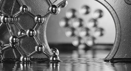 Macro, grayscale photo featuring reflective, spherical objects arranged in a lattice pattern and cluster. Abstract composition suggests connections and structure.