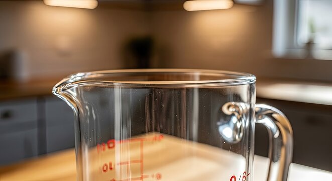 Close-up of a glass measuring cup with red markings, kitchen blurred in the background