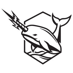 Black and White Narwhal Mascot with Tusk in Hexagon Frame