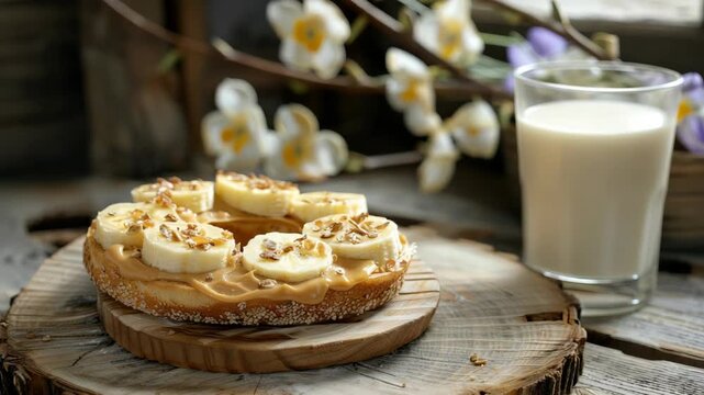 Bagel with peanut butter, banana slices, and nuts, served milk on rustic wooden table flowers
