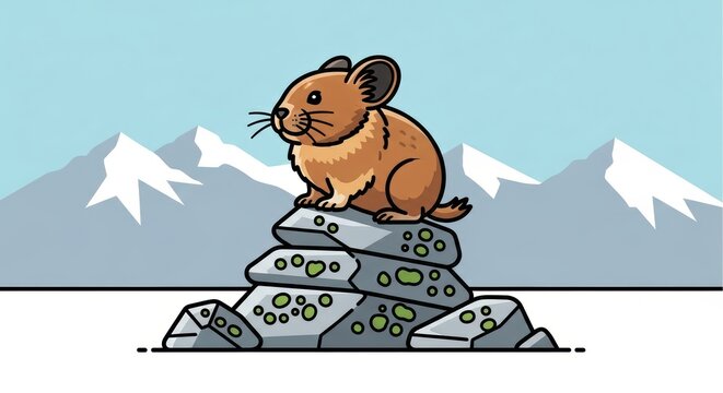 Cartoon pika on rocky mountain with snowy peaks in background