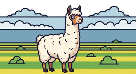Naklejka premium Cartoon alpaca in vibrant pastel landscape with rolling clouds