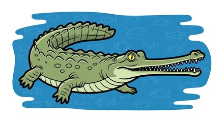 Fototapeta premium Cartoon crocodile swimming in blue water with fish background