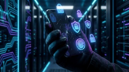 Data Breach on Mobile Device Cybersecurity Risk Concept with Thief Holding Hacked Smartphone