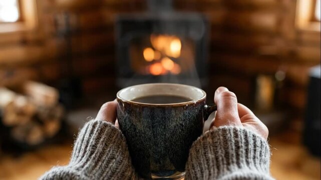 Close-up of hands in a knitted sweater holding a steaming mug of coffee. Cozy winter scene inside a log cabin with a fireplace in the blurred background. Hygge and comfort concept
