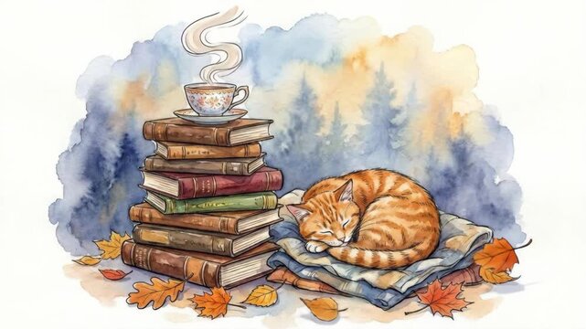 Watercolor animation of a sleeping orange tabby cat on a blanket next to a stack of vintage books. Steaming teacup and autumn leaves in a cozy fall setting. Hygge and reading concept