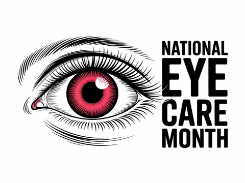 Vibrant red eye illustration promotes national eye care month awareness and health